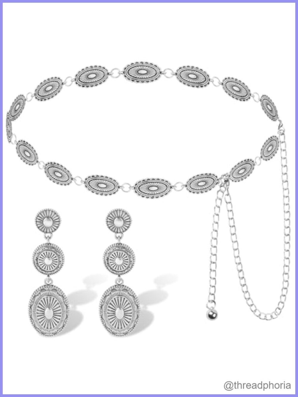 Silver Alloy Chain Belt Set with Western Earrings Adjustable Buckle